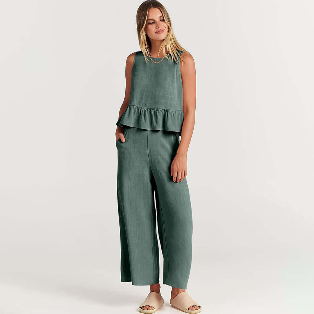Women's Summer Sleeveless Jumpsuit: Peplum Waist, Wide Leg