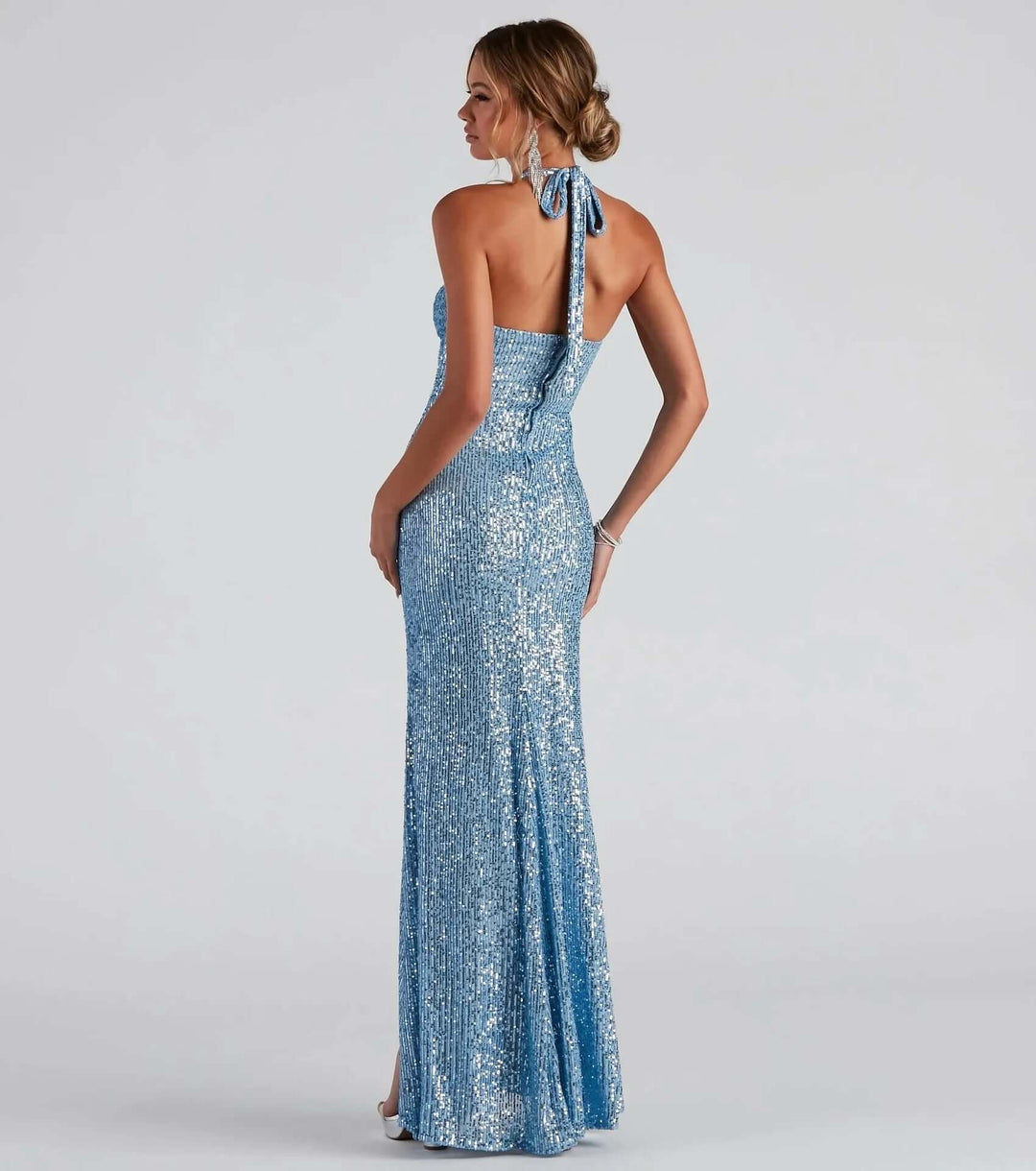 Sequin Halter Neck Evening Gown with Cut-Out & High Slit