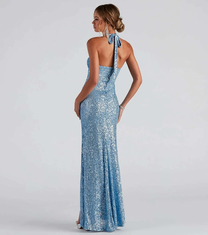 Sequin Halter Neck Evening Gown with Cut-Out & High Slit