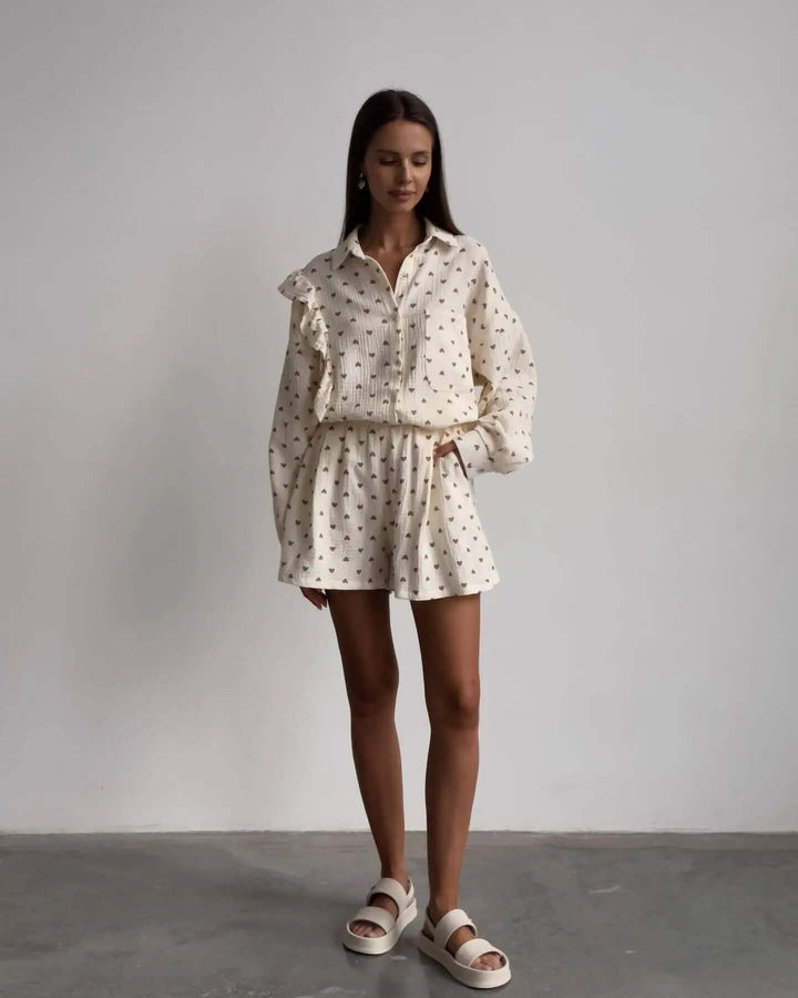 Women's Summer Co-ord Set: Ruffled Blouse & High-Waisted Shorts