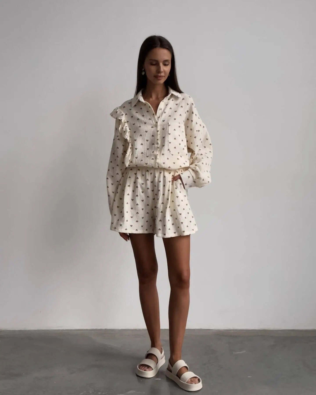 Women's Summer Co-ord Set: Ruffled Blouse & High-Waisted Shorts