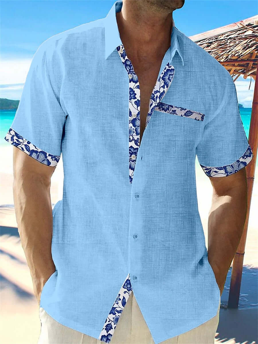 Men's Breathable Linen Shirt: Casual Fit, Floral Trim