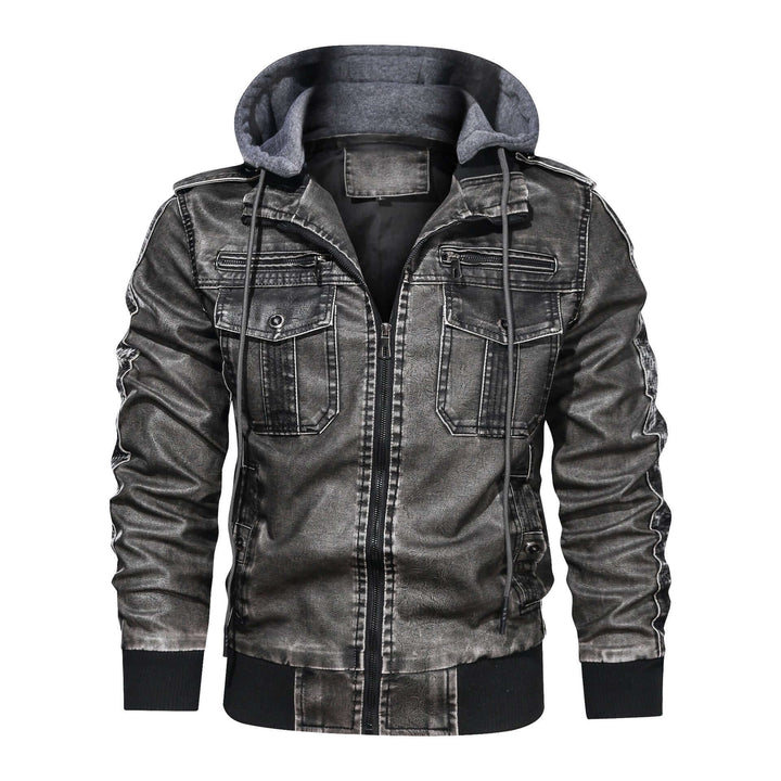 Men's Faux Leather Zip-Up Jacket with Hood