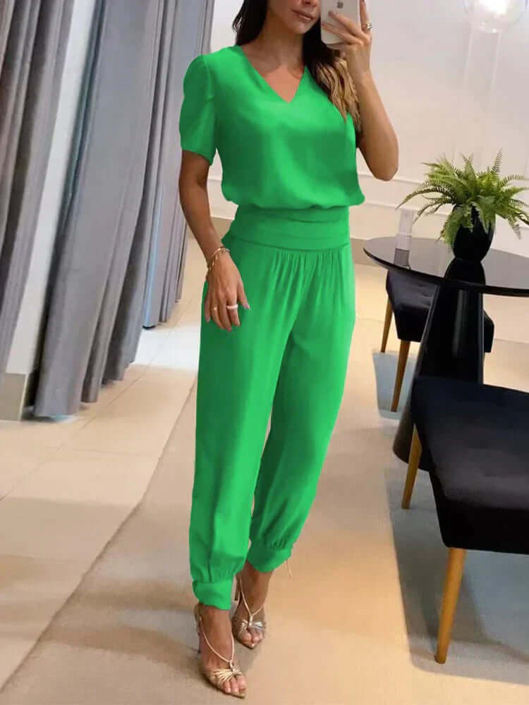 Women's Relaxed Fit Two-Piece Set: V-Neck Top & Elastic Waist Pants