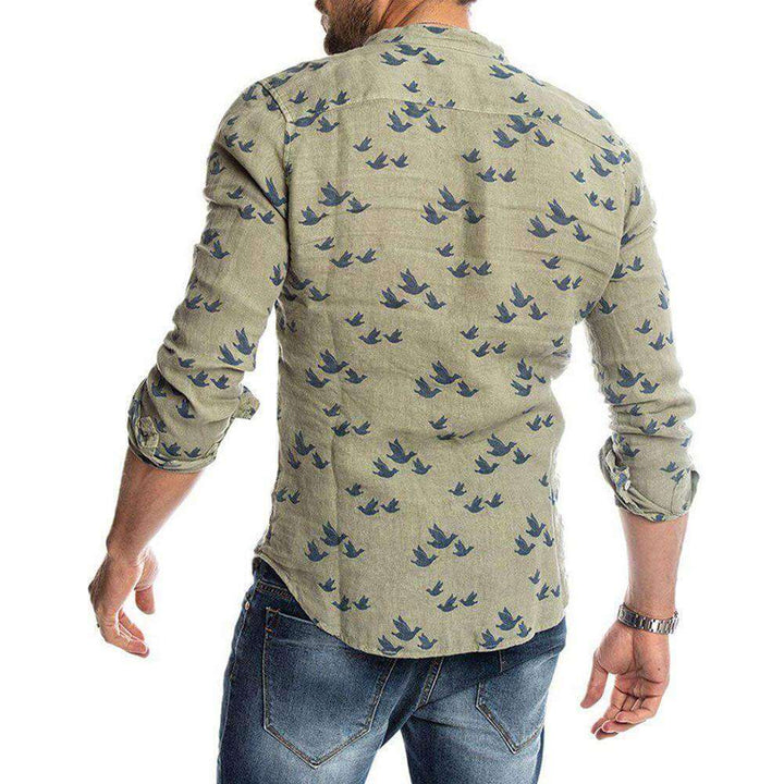 Men's Casual Long-Sleeve Shirt: Bird Print Mandarin Collar