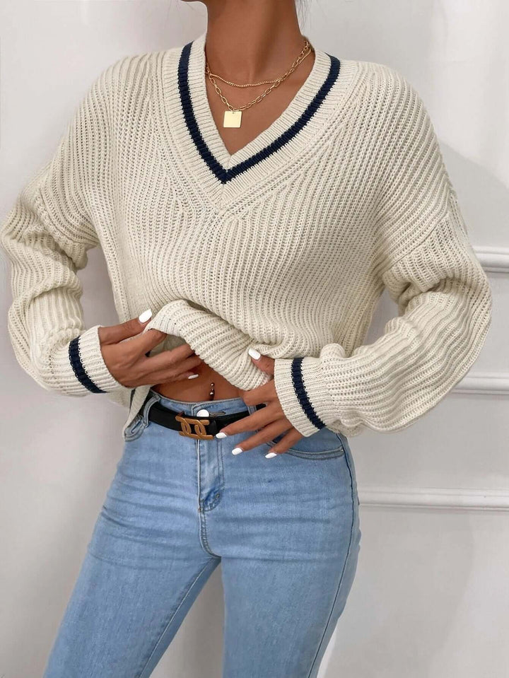 Women's Striped V-Neck Relaxed Fit Sweater