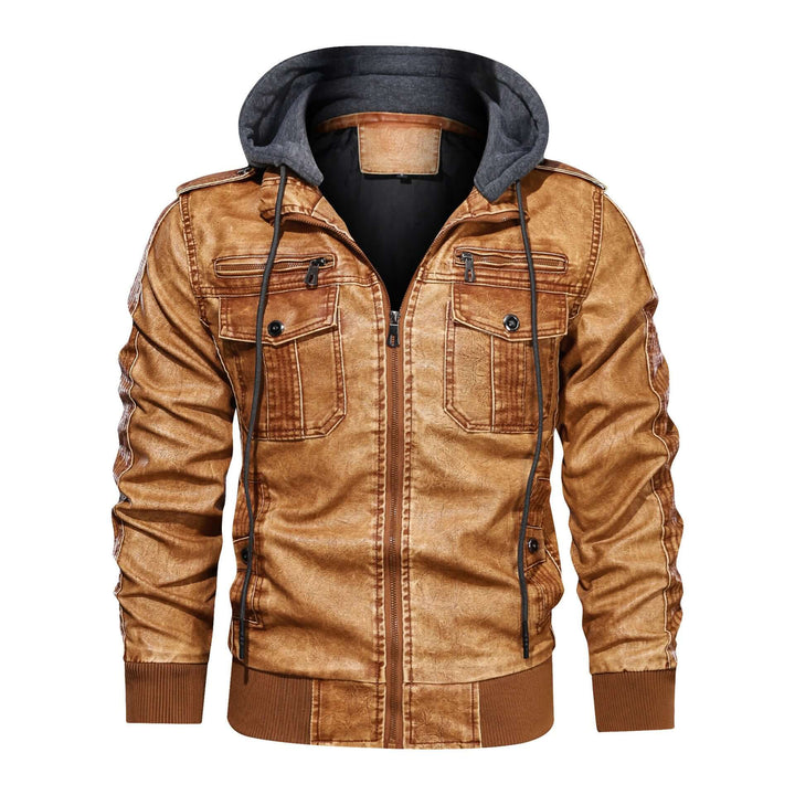 Men's Faux Leather Zip-Up Jacket with Hood