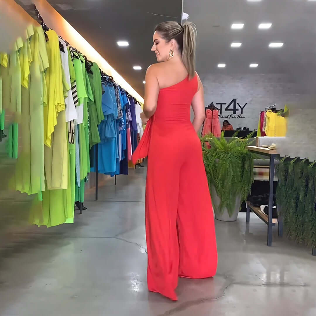 Women's One-Shoulder Wide-Leg Jumpsuit with Waist Tie