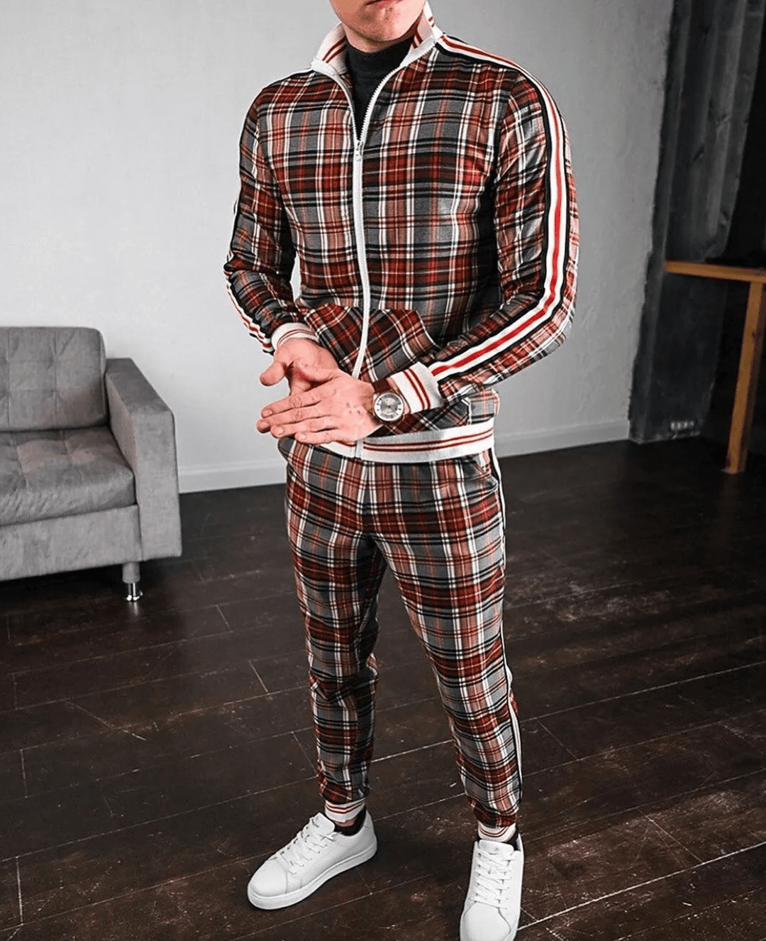 Men's Slim Fit Plaid Tracksuit with Striped Detailing