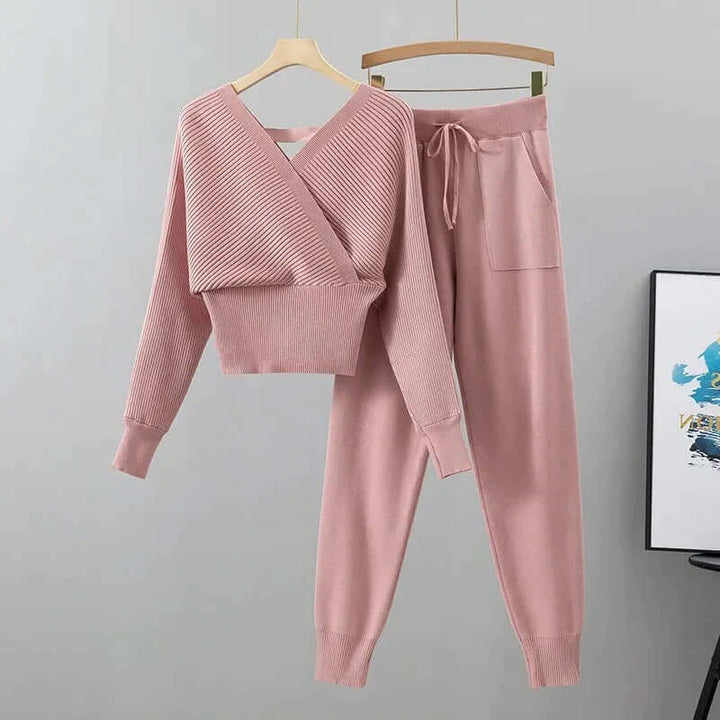 Women's Ribbed V-Neck Top & Harem Pants Set