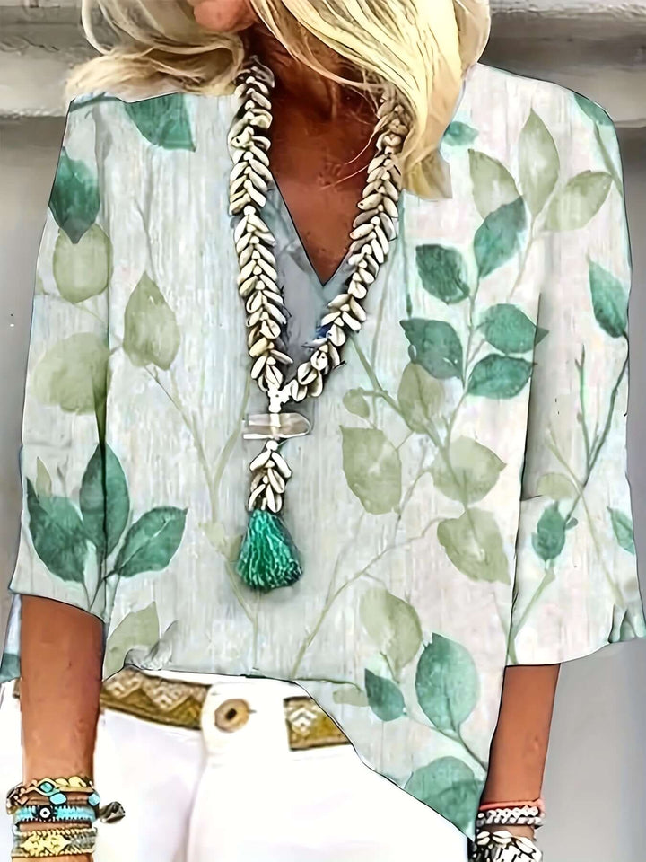 Women's Leaf Print V-Neck Blouse: Relaxed Fit Summer Top