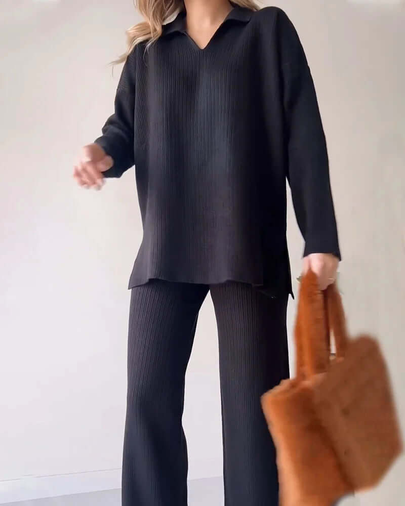 Women's Cozy Knit Loungewear Set: V-Neck Top & Flared Pants