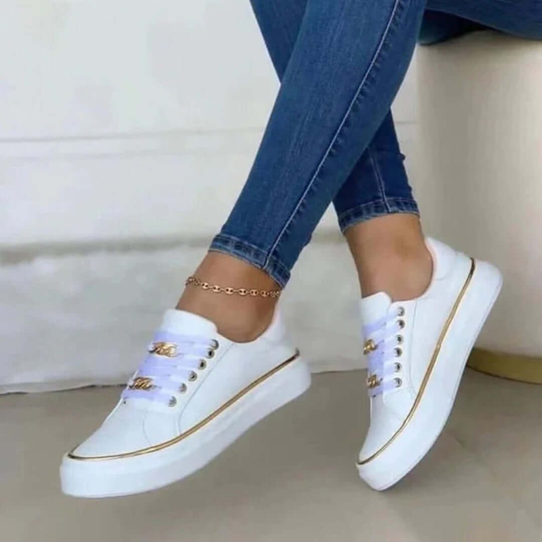 Women's White Low-Top Trainers with Gold Detail