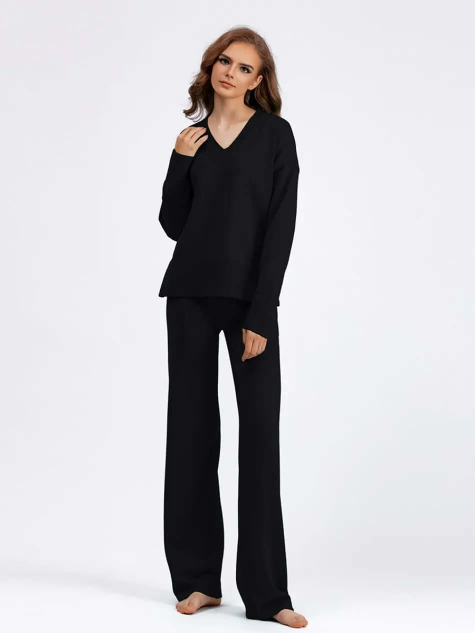 Women's V-Neck Sweater & Wide Leg Trousers Set
