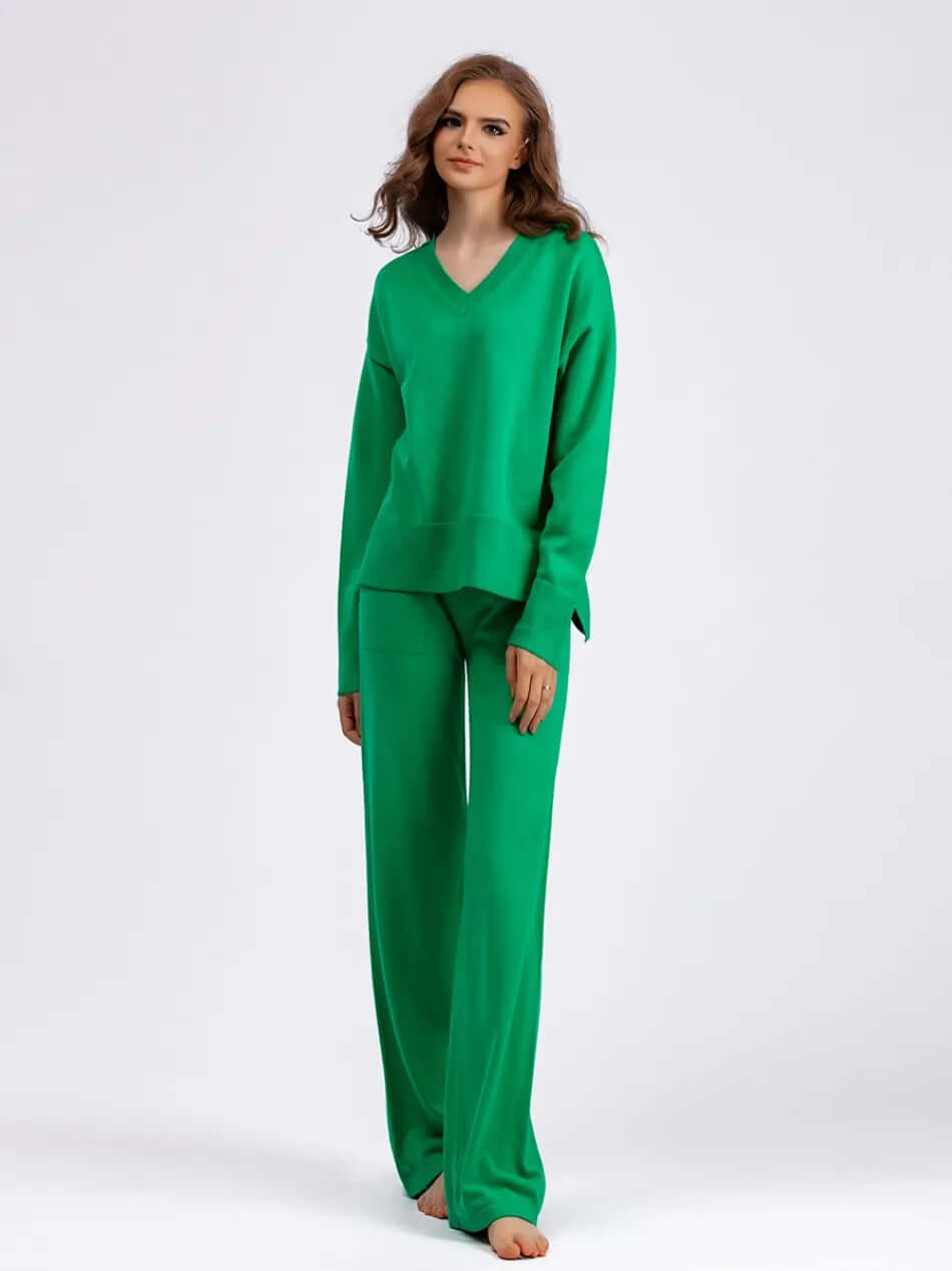 Women's V-Neck Sweater & Wide Leg Trousers Set
