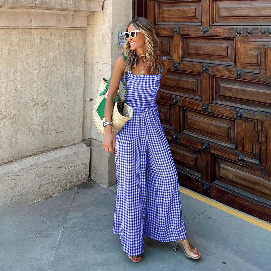 Women's Wide Leg Gingham Jumpsuit with Smocked Top