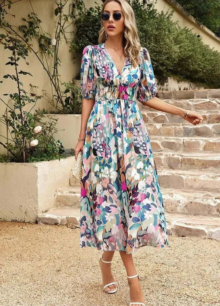 Elegant Midi Dress: V-Neck, Puff Sleeves, Flowing Skirt