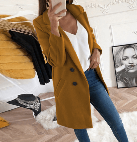 Women's Lapel Collar Double Breasted Wool Blend Coat