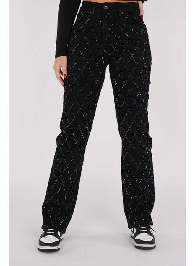 Women's Straight Leg Jeans: Diamond Pattern, Button Fly