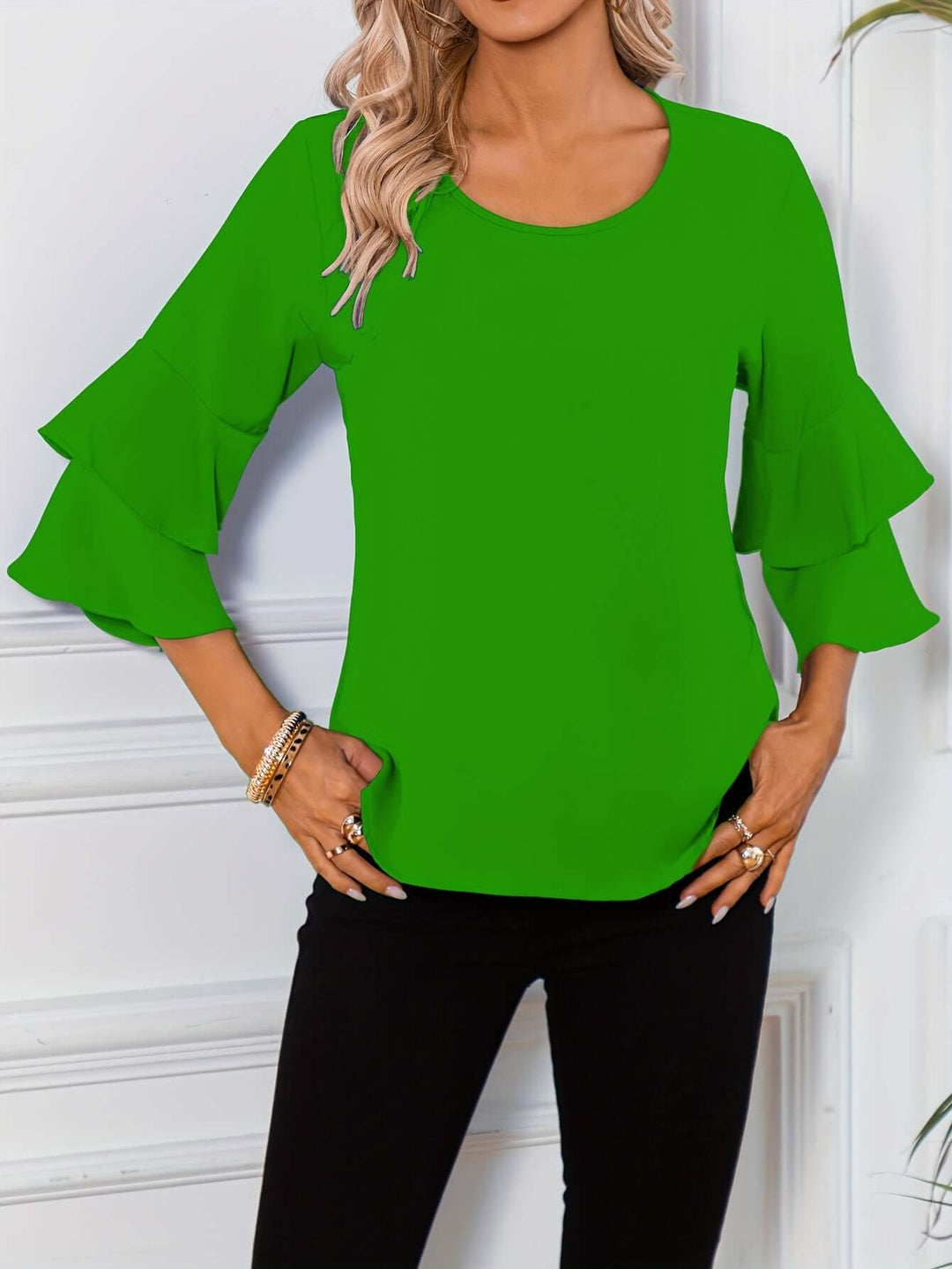 Women's Ruffle Sleeve Blouse - Round Neck, Regular Fit