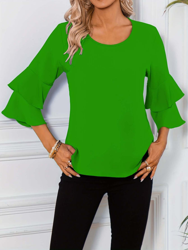 Women's Ruffle Sleeve Blouse - Round Neck, Regular Fit