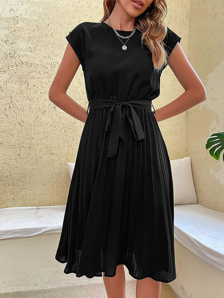 Elegant Midi Dress: Pleated Skirt, Cap Sleeves, Tie Waist