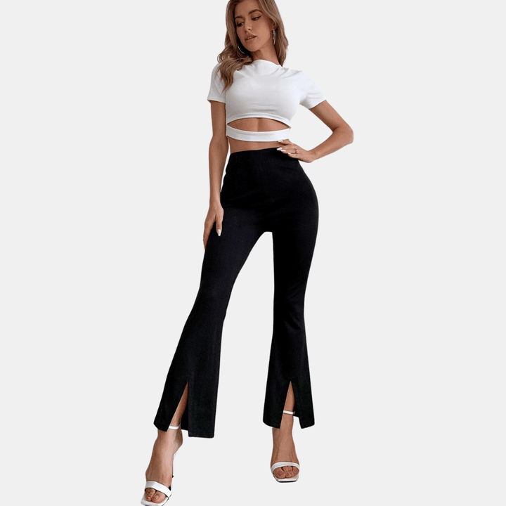 Women's High-Waisted Flare Trousers: Stretch Fabric, Front Slit