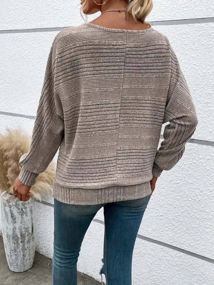 Women's Relaxed Knit Sweater: Ribbed, Scoop Neck, Long Sleeves