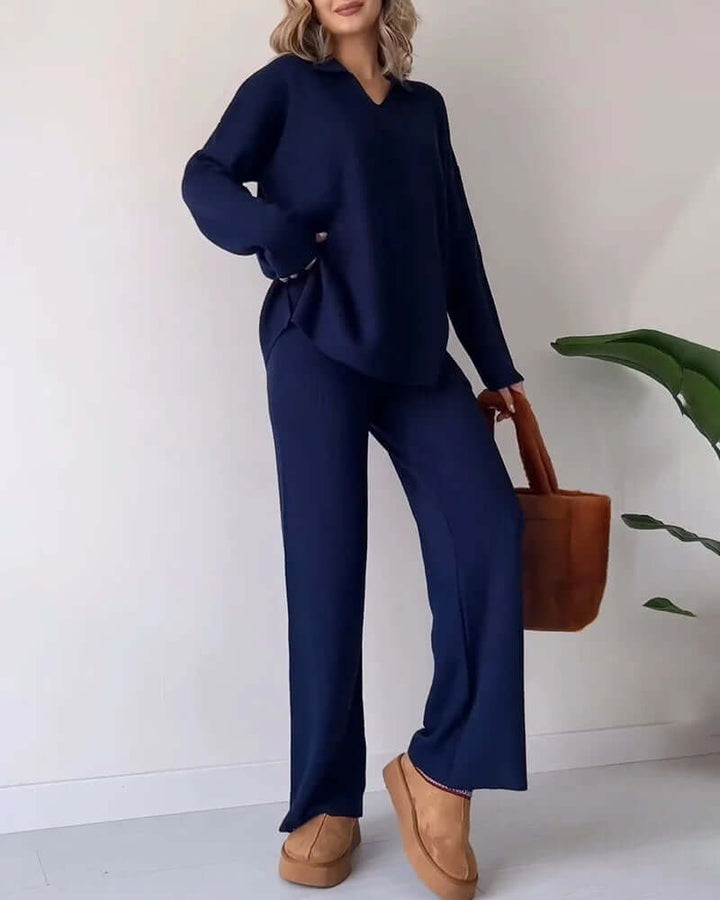 Women's Cozy Knit Loungewear Set: V-Neck Top & Flared Pants