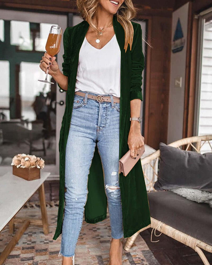 Women's Long Velvet Duster Cardigan - Relaxed Fit, Open Front