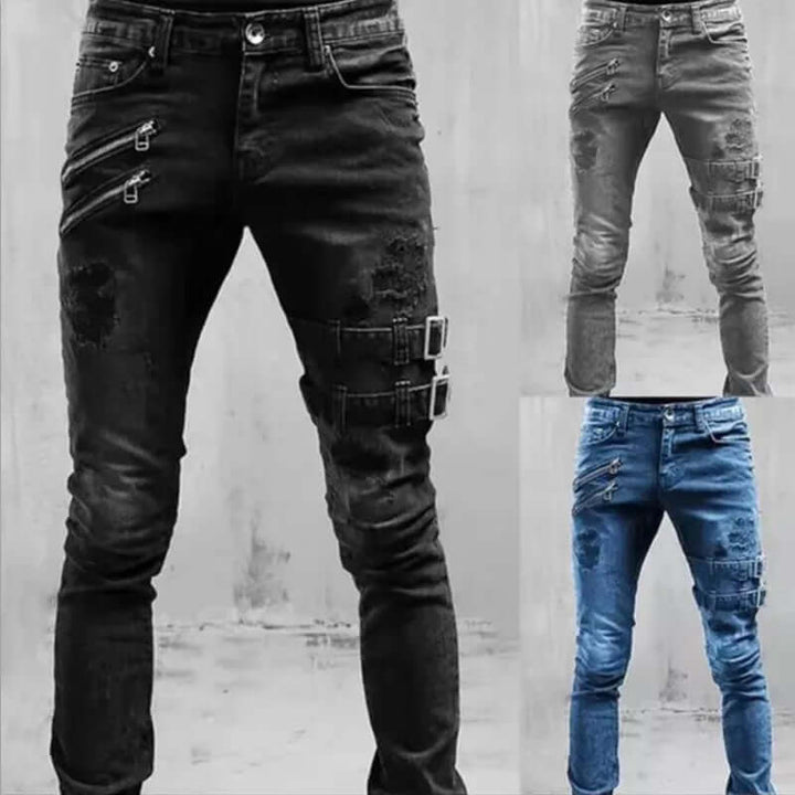 Men's Buckle Detail Skinny Ripped Jeans