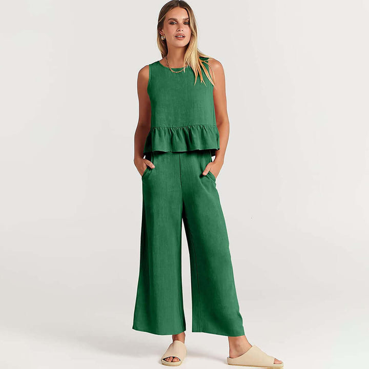 Women's Summer Sleeveless Jumpsuit: Peplum Waist, Wide Leg