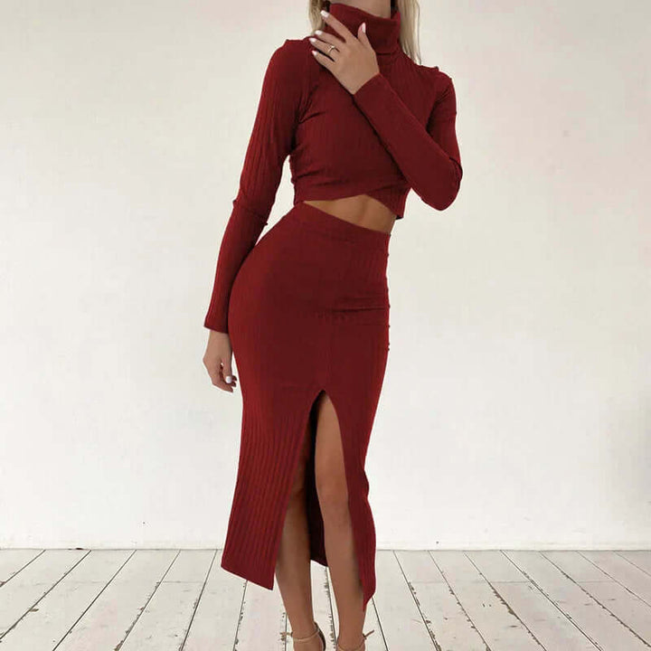 Women's Ribbed Knit Two-Piece Set: Crop Top & Midi Skirt