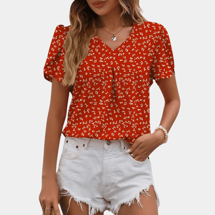 Women's V-Neck Pleated Blouse: Loose Fit, Short Sleeve, Casual Top