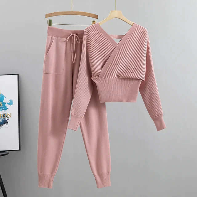 Women's Ribbed V-Neck Top & Harem Pants Set
