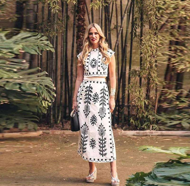Elegant Women's Embroidered Crop Top & Midi Skirt Set
