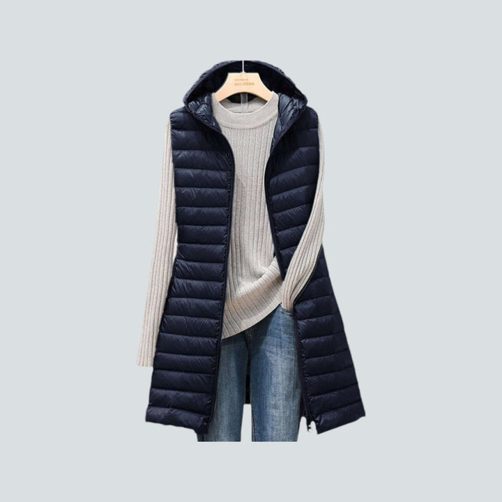 Women's Long Quilted Hooded Vest: Warm Insulated Sleeveless Jacket