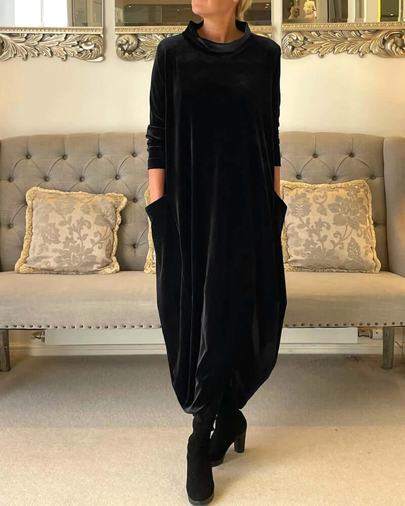 Women's Velvet Drape Dress: Long Sleeve, High Neck