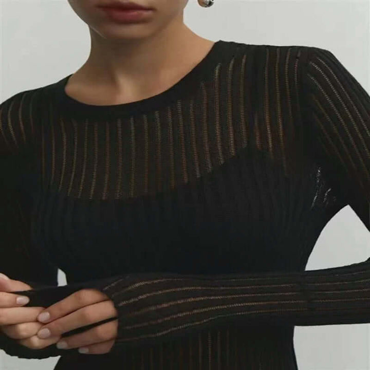 Women's Mesh Long Sleeve Ribbed Top