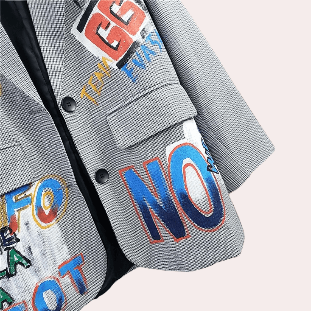 Men's Oversized Checkered Blazer with Graffiti Print