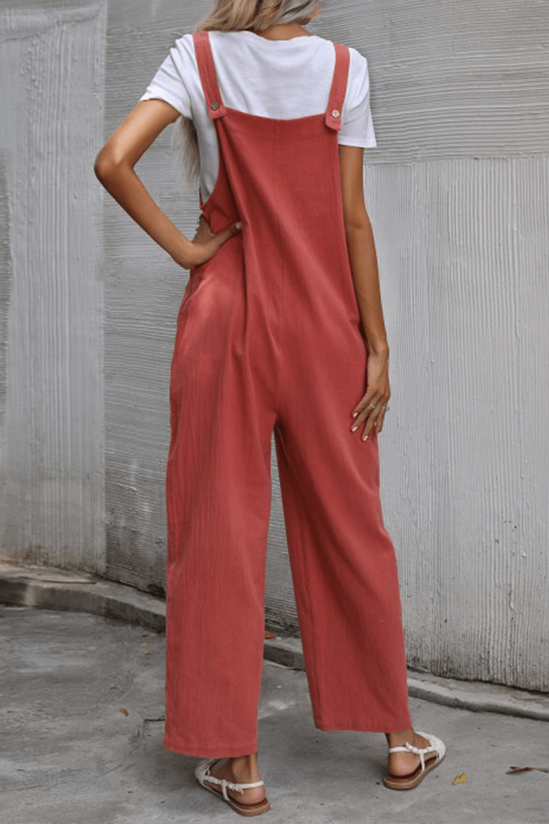 Women's Casual Pocket Button Straight Jumpsuit