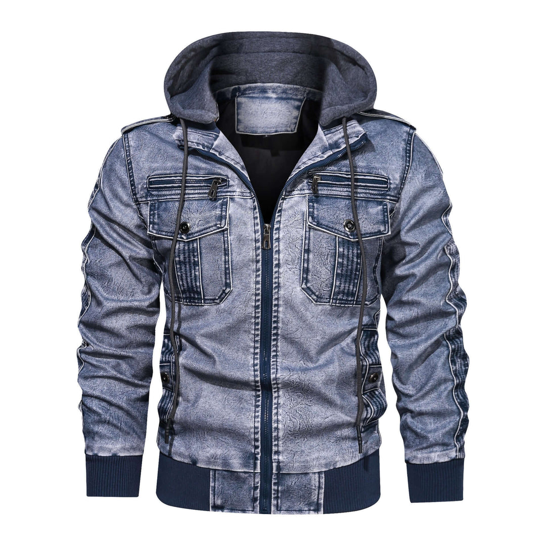 Men's Faux Leather Zip-Up Jacket with Hood