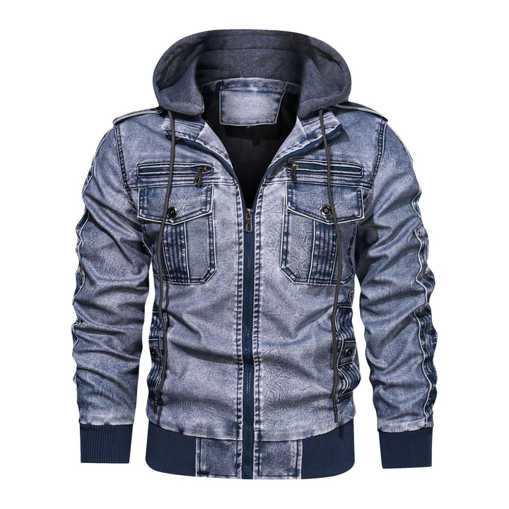 Men's Faux Leather Zip-Up Jacket with Hood