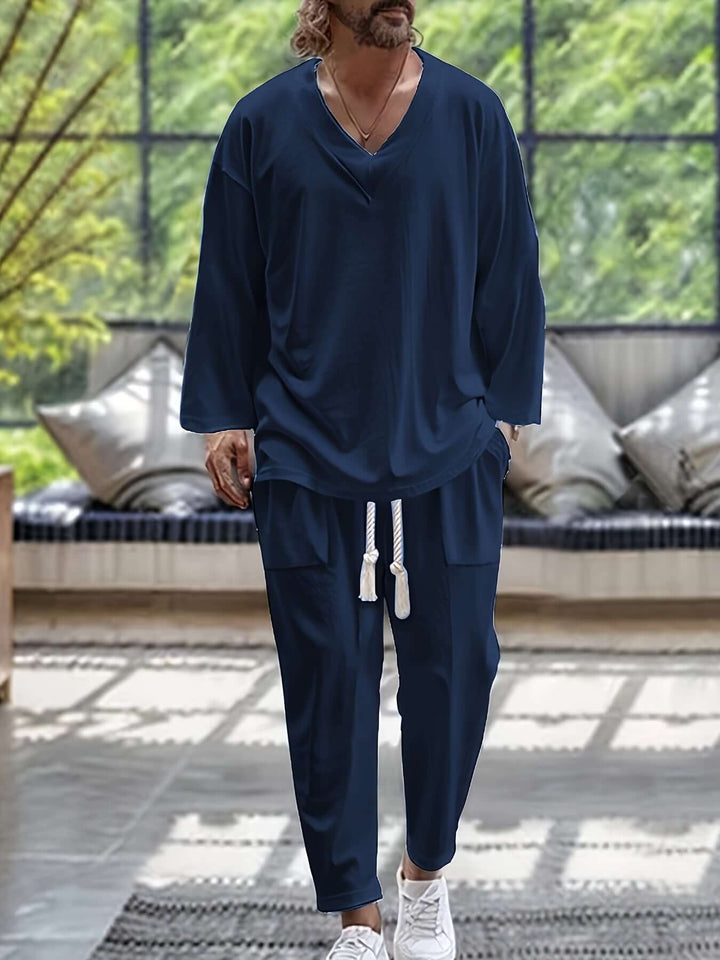 Men's Relaxed-Fit Loungewear Set: V-Neck Top & Trousers