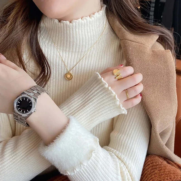 Women's Relaxed Fit Mock Neck Sweater with Ruffled Hem