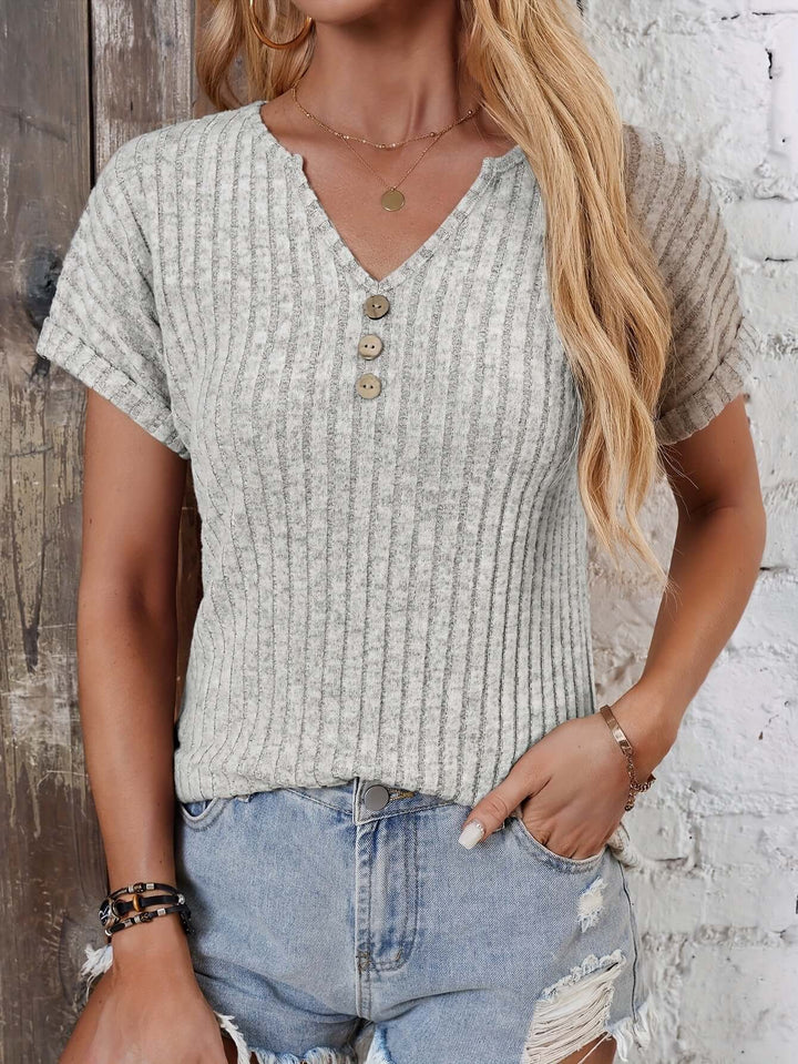 Women's Short Sleeve Ribbed Knit V-Neck Top
