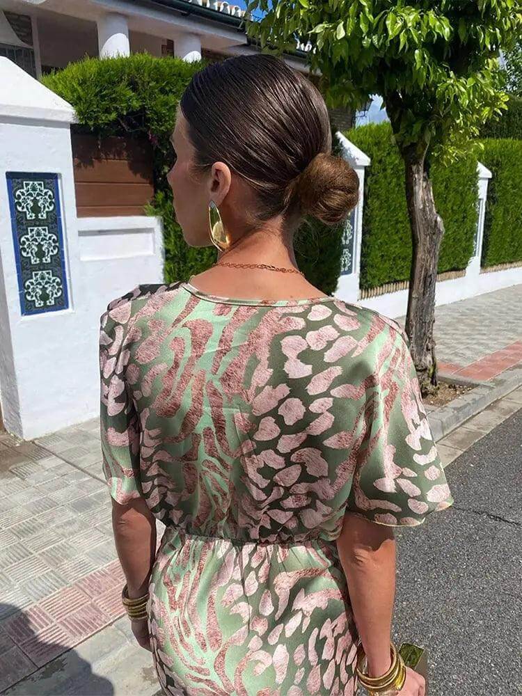 Elegant Satin Midi Dress: V-Neck, Floral Print, Pleated