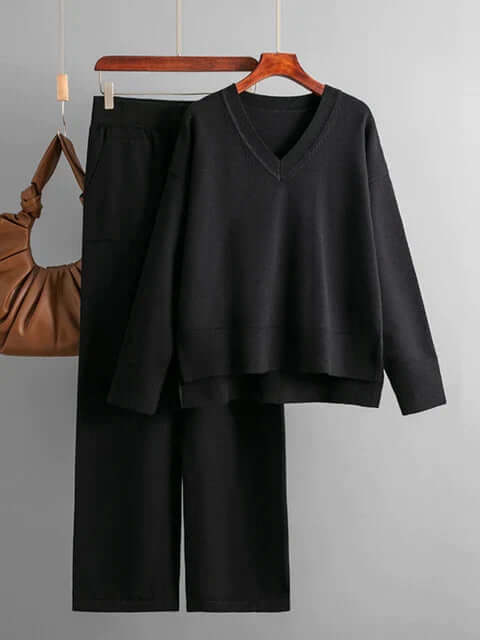 Women's V-Neck Sweater & Wide Leg Trousers Set