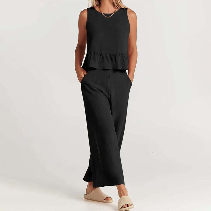 Women's Summer Sleeveless Jumpsuit: Peplum Waist, Wide Leg