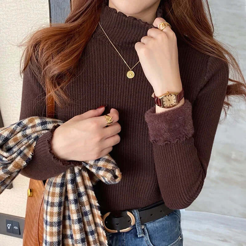 Women's Relaxed Fit Mock Neck Sweater with Ruffled Hem